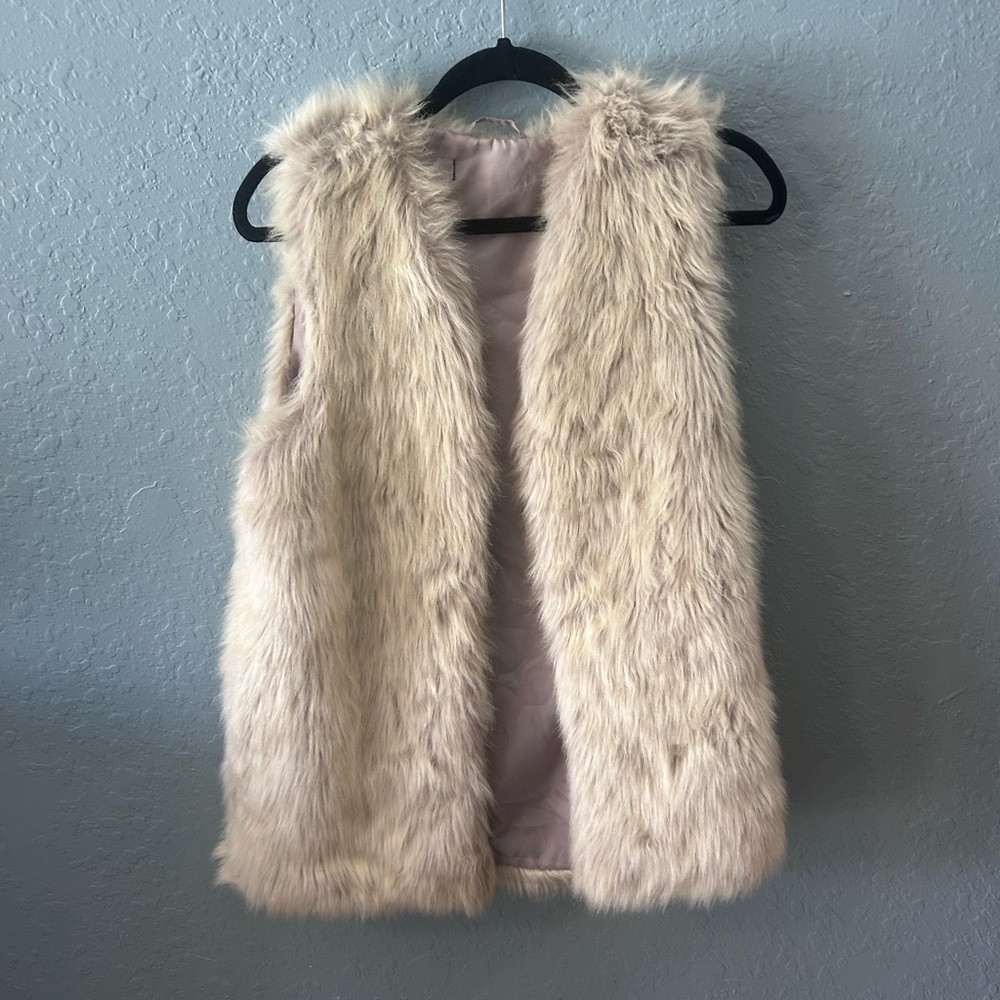 Cream Faux Fur Longline Vest Pockets Boho Glam Size S/M